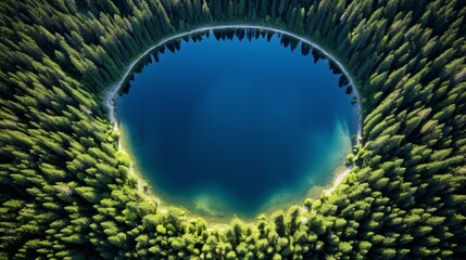 Earthly Mirror  Aerial View of a Nearly Perfect Circular Lake, Enveloped by a Tranquil Pine Forest, Resembling Our Planet from Above
