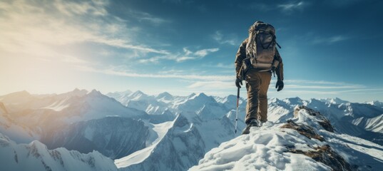 Adult hiker success climbing snow mountain. Generative AI technology. - Powered by Adobe