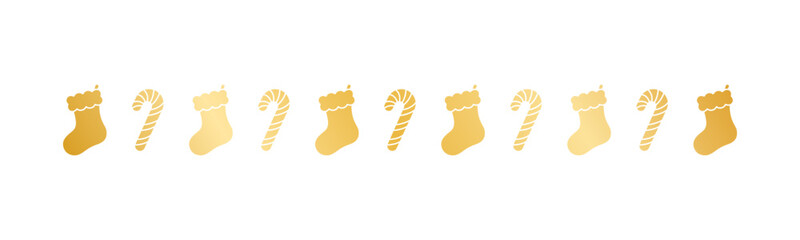 Gold Christmas themed decorative border and text divider, Christmas Stocking and Candy Cane Pattern Silhouette. Vector Illustration.