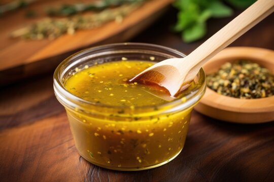 close-up of honey mustard marinade on wooden ladle