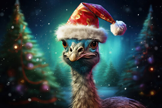 grumpy ostrich with santa hat, christmas trees in the background, winter night scene