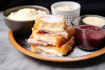 monte cristo sandwich with mayo and dips in a bowl