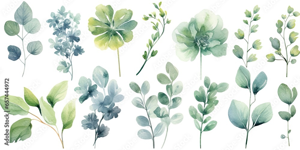 Wall mural watercolor botanical illustrations. summer palette. greenery and floral delights on white background