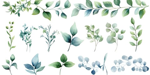 Watercolor botanical illustrations. Summer palette. Greenery and floral delights on white background isolated. Rustic elegance. Hand drawn collection. Eucalyptus dreams. Nature green beauty - obrazy, fototapety, plakaty