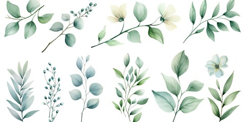 Watercolor botanical illustrations. Summer palette. Greenery and floral delights on white background isolated. Rustic elegance. Hand drawn collection. Eucalyptus dreams. Nature green beauty - obrazy, fototapety, plakaty