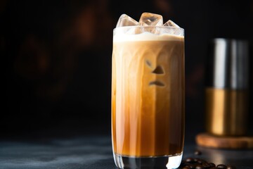close-up of a frothy iced chai latte in a clear glass