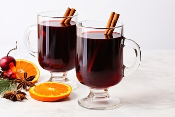 two mugs of mulled wine on a white marble countertop