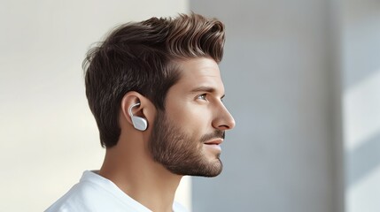 Close-up portrait of a young beautiful man who wears a hearing aid