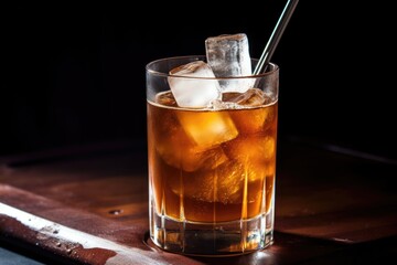 iced tea stirred in a glass with cubed ice and a metal spoon