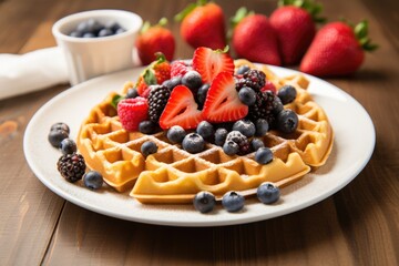 belgian waffles on a white plate topped with fresh berries