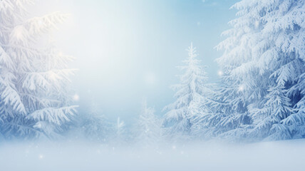 Winter frosted forest woodland branches of spruces pine trees with copy space banner background, snowfall snowflakes. 