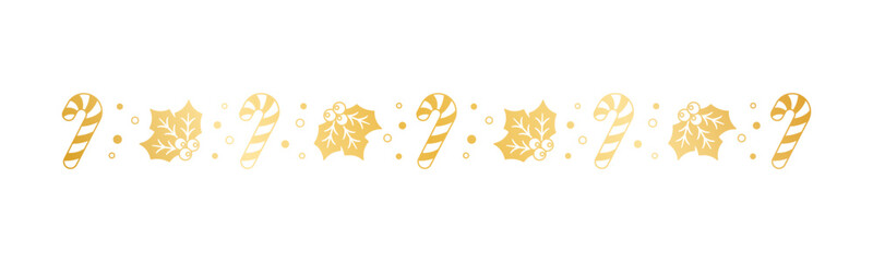 Gold Christmas themed decorative border and text divider, Mistletoe and Candy Cane Pattern Silhouette. Vector Illustration.