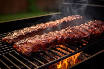 kansas city ribs on a grill with smoke curling