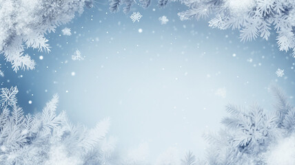 Winter frosted forest woodland branches of spruces pine trees with copy space banner background, snowfall snowflakes. 