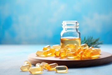 vitamin d supplements on white table in front of blue backdrop