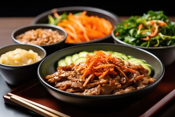 Fototapeta premium korean bulgogi served with bibimbap in dinner set
