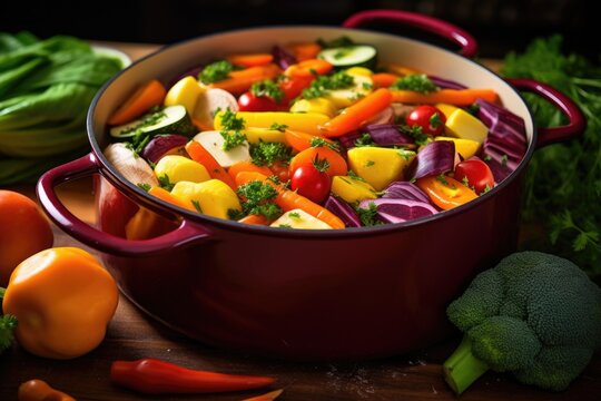 Bright Colored Mixed Vegetables Steamed In A Pot