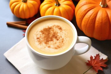 spiced pumpkin latte in a white mug surrounded by cinnamon