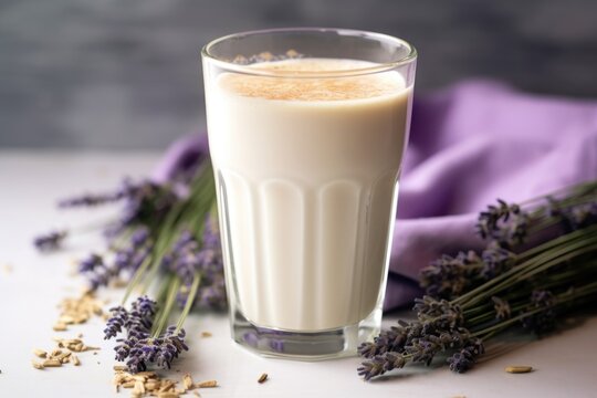 a glass of lavender latte with dried lavender flowers on the side