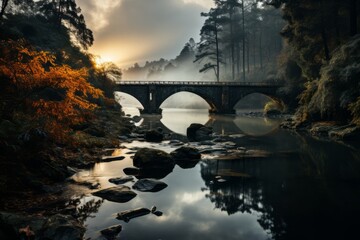 Dramatic Bridge Mirrored In A Flowing River, Generative AI