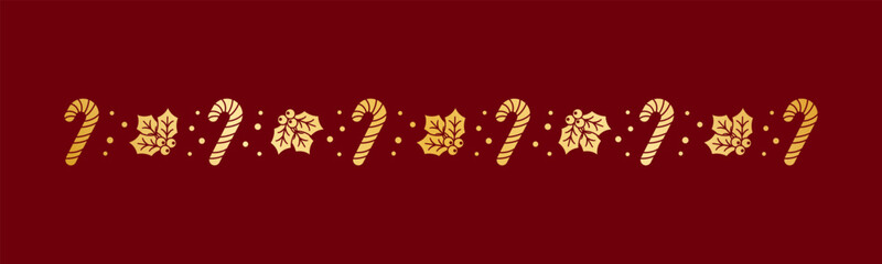 Gold Christmas themed decorative border and text divider, Mistletoe and Candy Cane Pattern Silhouette. Vector Illustration.