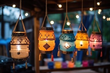 handcrafted lanterns of different themes tied with ropes