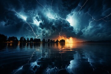 Dramatic thunderstorm with lightning reflected in a dark still lake, Generative AI 