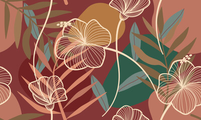 Floral Seamless Pattern with Linear Flowers and Leaves. Trendy Minimalistic Print Design with Line Art  Flower Drawing and Organic Shapes. Botanical Pattern for Home Decor, Fabric. Vector EPS 10 