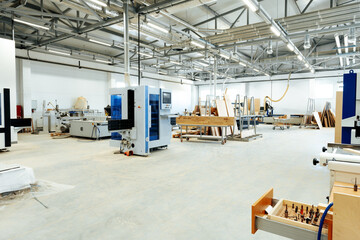 Interior of large workshop of contemporary furniture factory - obrazy, fototapety, plakaty