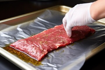 hand patting dry skirt steak before marinating