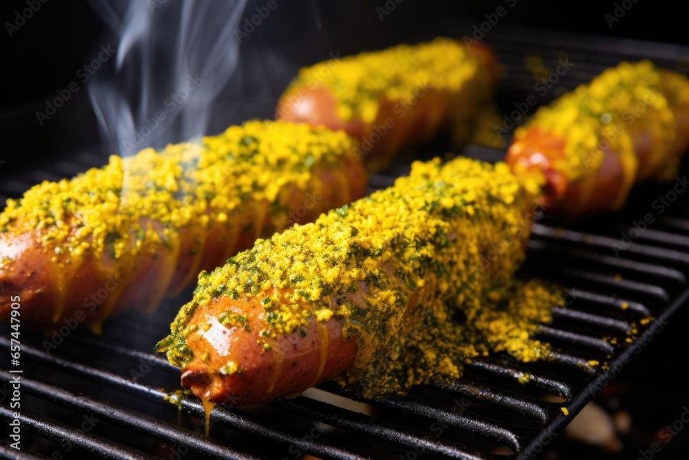 Canvas Prints mustard smeared on grilled sausages on a bbq grill