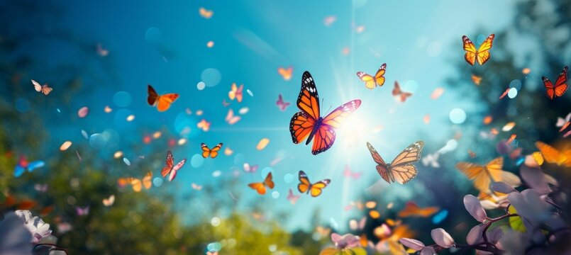Fototapeta Flock of butterflies Generative AI technology.