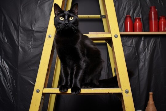 a black cat crossing under a ladder
