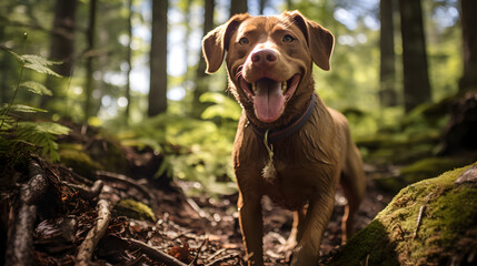 Joyful Dog Exploring a Wooded Area, Tongue Out