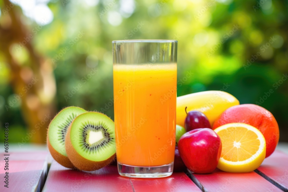 Wall mural a glass of freshly squeezed fruit juice with a vibrant background