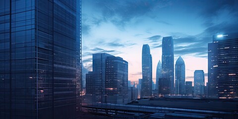 Urban brilliance. Modern cityscape at sunset. Corporate ascent. Futuristic skyline view. Downtown reflections. Architecture and success. Glass towers of finance. City landscape
