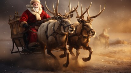 Santa Claus in sleigh with reindeer. Merry Christmas and Happy New Year concept.