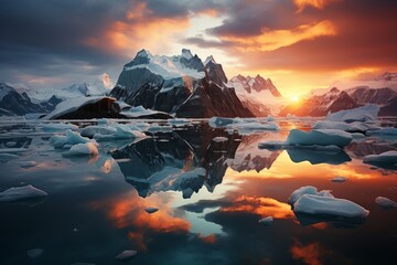 Majestic glacier and icebergs mirrored in a polar sea, Generative AI - obrazy, fototapety, plakaty
