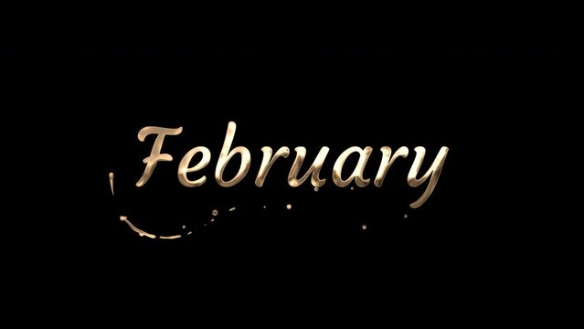 February text animation on transparent background, Handwritten animated in gold color with ink drops, Footage with alpha channel	