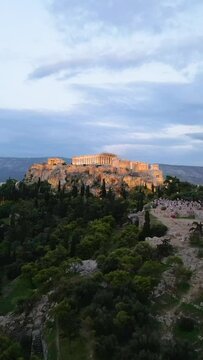 Drone view of the Acropolis of Athens in the sunset