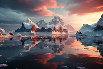 Majestic glacier and icebergs mirrored in a polar sea, Generative AI