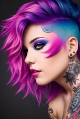 Fototapeta premium a colorful hairstyle and female tattoo model with a hot, sexy expression and pose