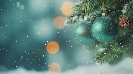 Fototapeta na wymiar Green balls on fir branches, winter snowy background. festive winter season background, copy space.
