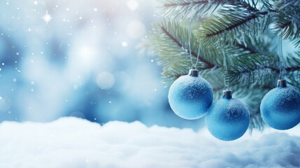 Fototapeta na wymiar Blue balls on fir branches, winter snowy background. festive winter season background, copy space.