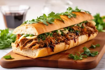 Keuken spatwand met foto pulled pork sandwich on ciabatta bread garnished with parsley © altitudevisual