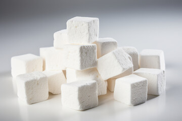 Stack of fluffy marshmallows piled on top of each other. This versatile image can be used in various contexts, such as desserts, baking, sweets, or even cozy winter scenes.