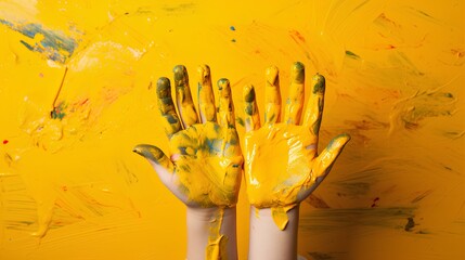 Children's hands coloring art. Many mixed colors. on Yellow Background.Create AI Generated.