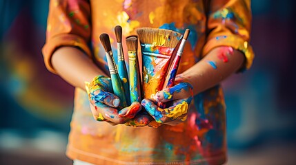 Obraz premium Children's hands holding an artistic paintbrush. Mixed colors. Create AI Generated.