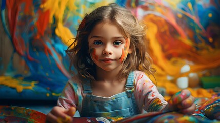 Cheerful Girl Wearing Colorful Face Paint at a Joyful Festival.Create AI Generated.