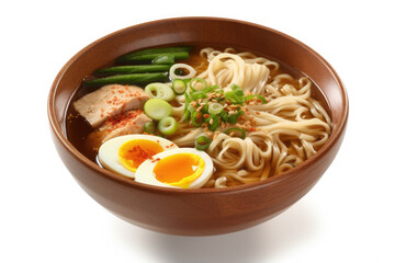 Delicious bowl of ramen with perfectly boiled egg and fresh asparagus. This image is perfect for food blogs, restaurant menus, and recipe websites.